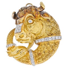 Vintage David Webb 18K Yellow Gold Diamond Taurus Bull Brooch Pendant
