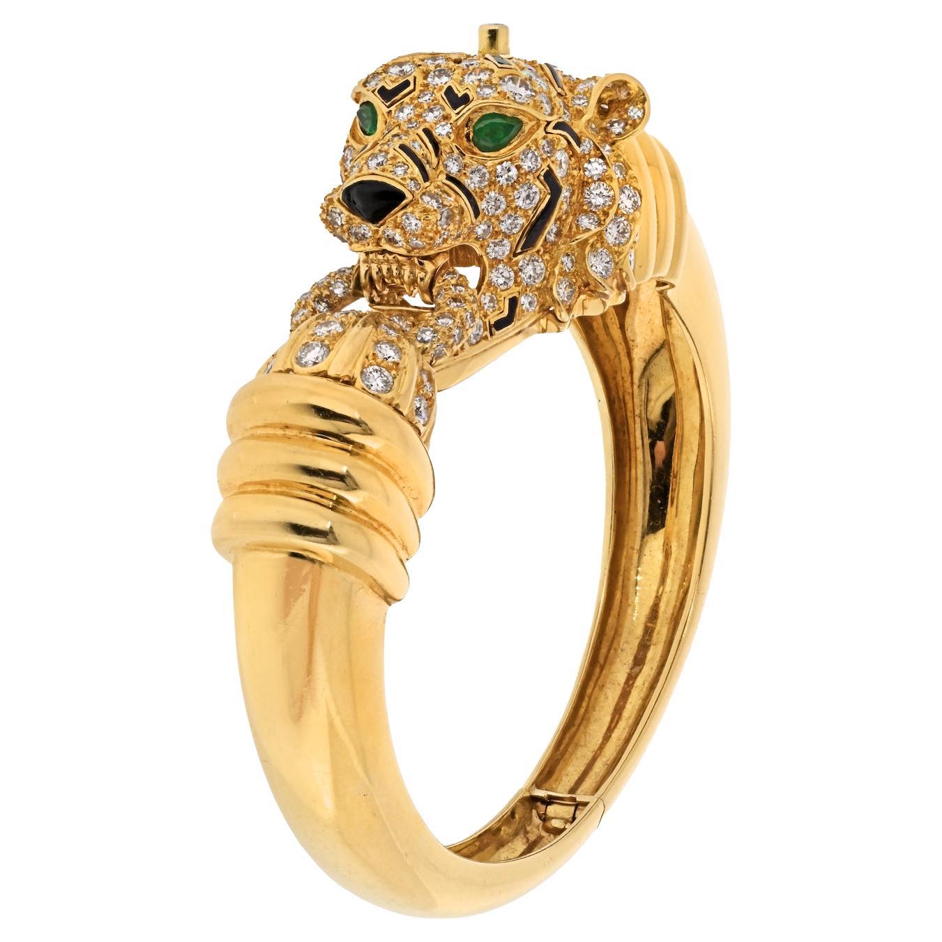 David Webb 18K Yellow Gold Diamond Tiger Bangle Bracelet For Sale