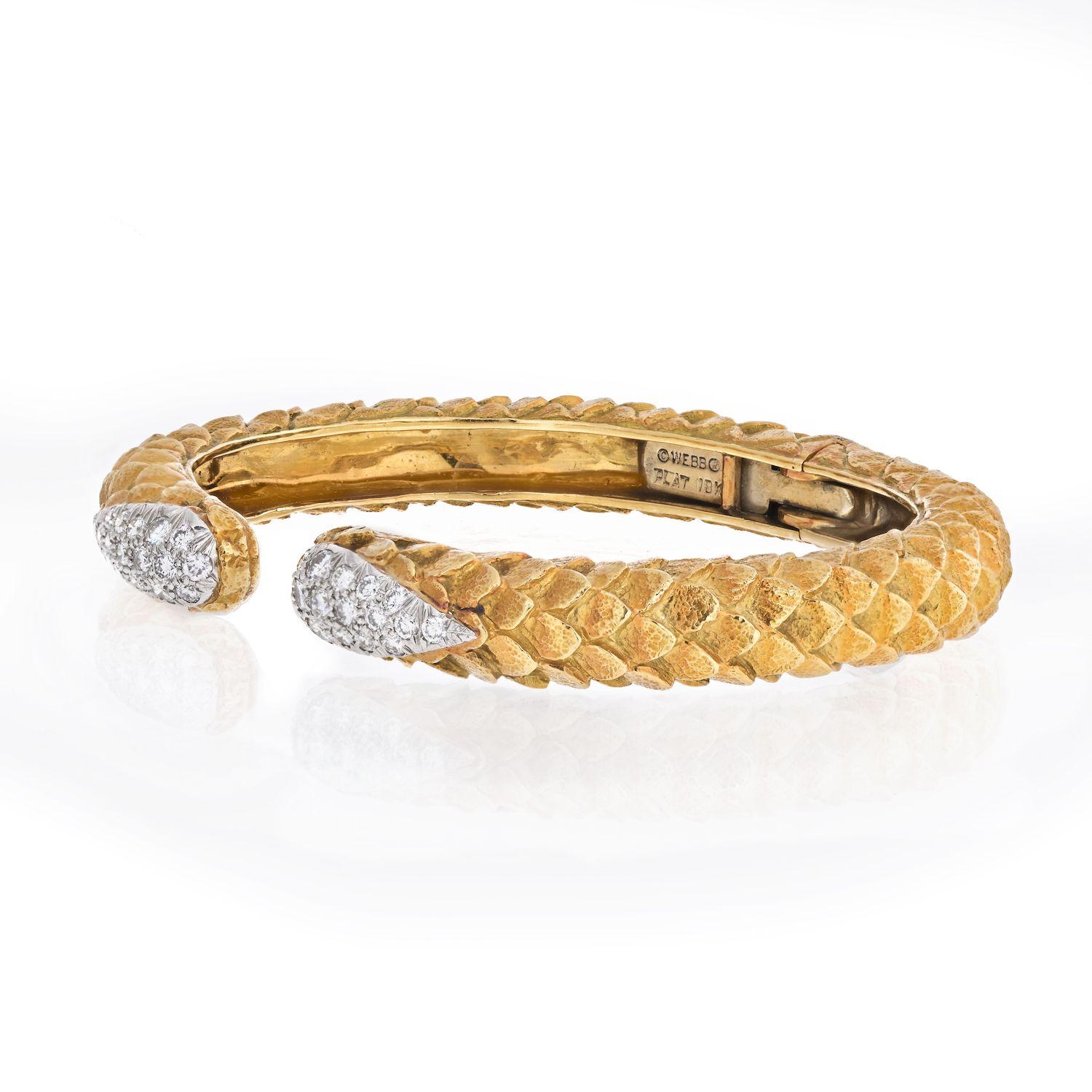 David Webb 18K Yellow Gold Diamond Tip Textured Bangle Bracelet.
Wrist size: 6.5
Diamond Weight: 1.60cts (approx)
Excellent condition. 
