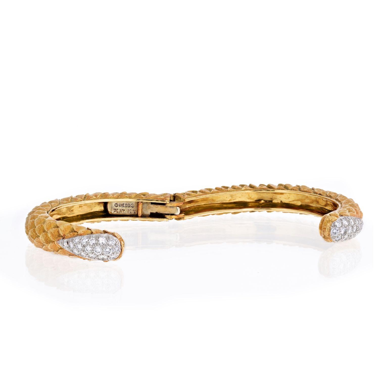 Modern David Webb 18 Karat Yellow Gold Diamond Tip Textured Bangle Bracelet