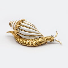 David Webb 18K Yellow Gold Diamond White Enamel Snail Brooch