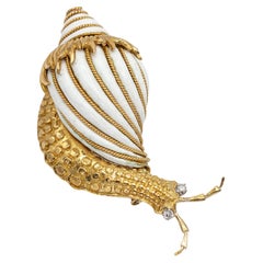 David Webb 18K Yellow Gold Diamond White Enamel Snail Brooch