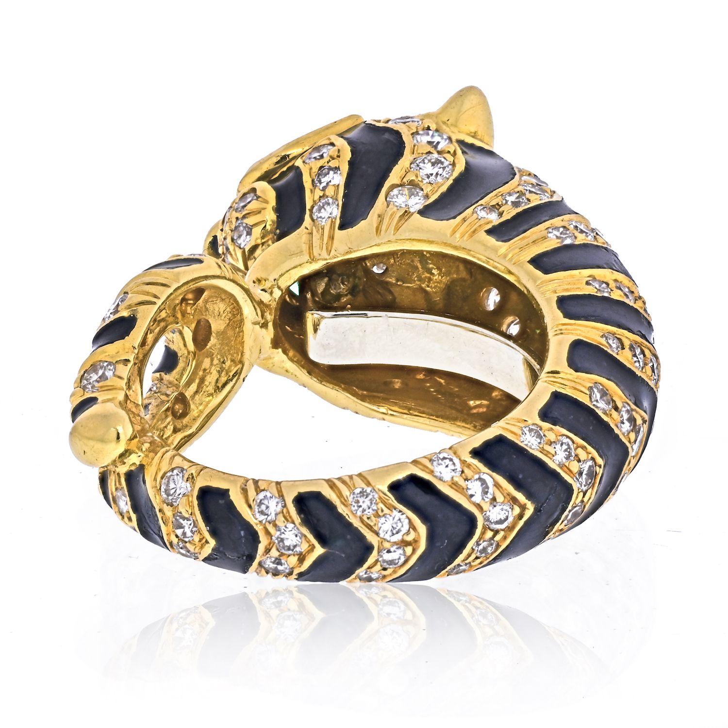 Modern David Webb 18k Yellow Gold Diamonds, Emeralds, Black Enamel Tiger Ring