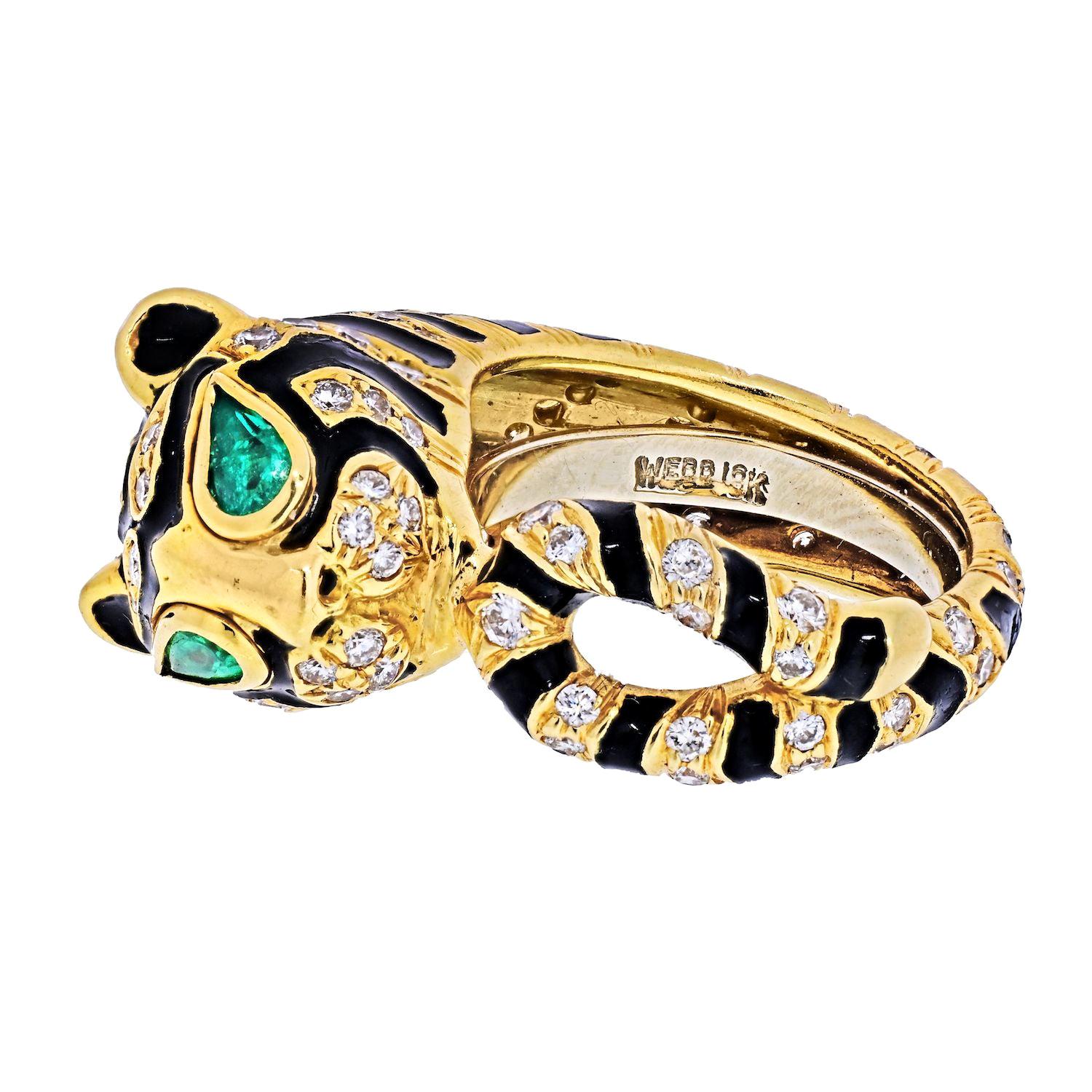 David Webb 18k Yellow Gold Diamonds, Emeralds, Black Enamel Tiger Ring
