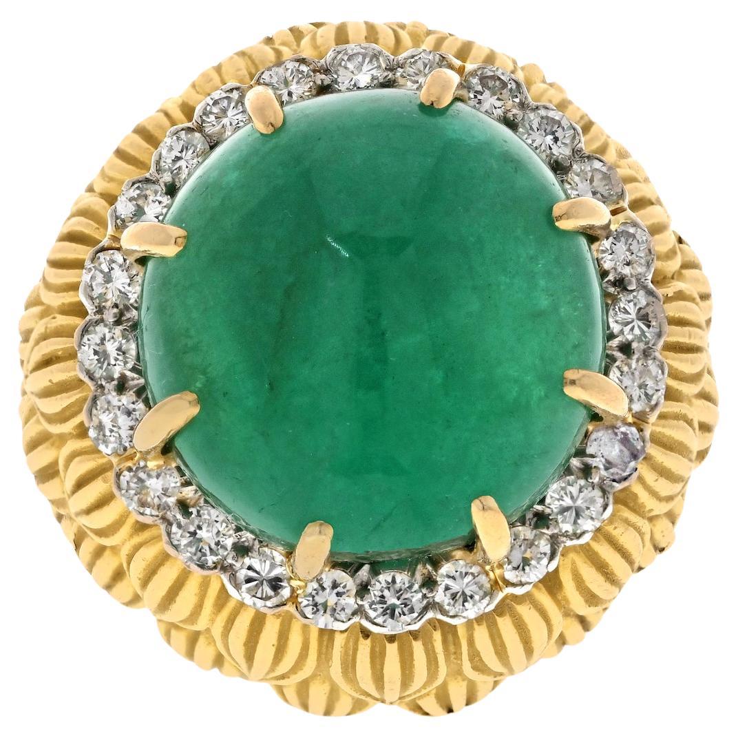 David Webb 18K Yellow Gold Dome Green Emerald and Diamond Vintage Ring  For Sale