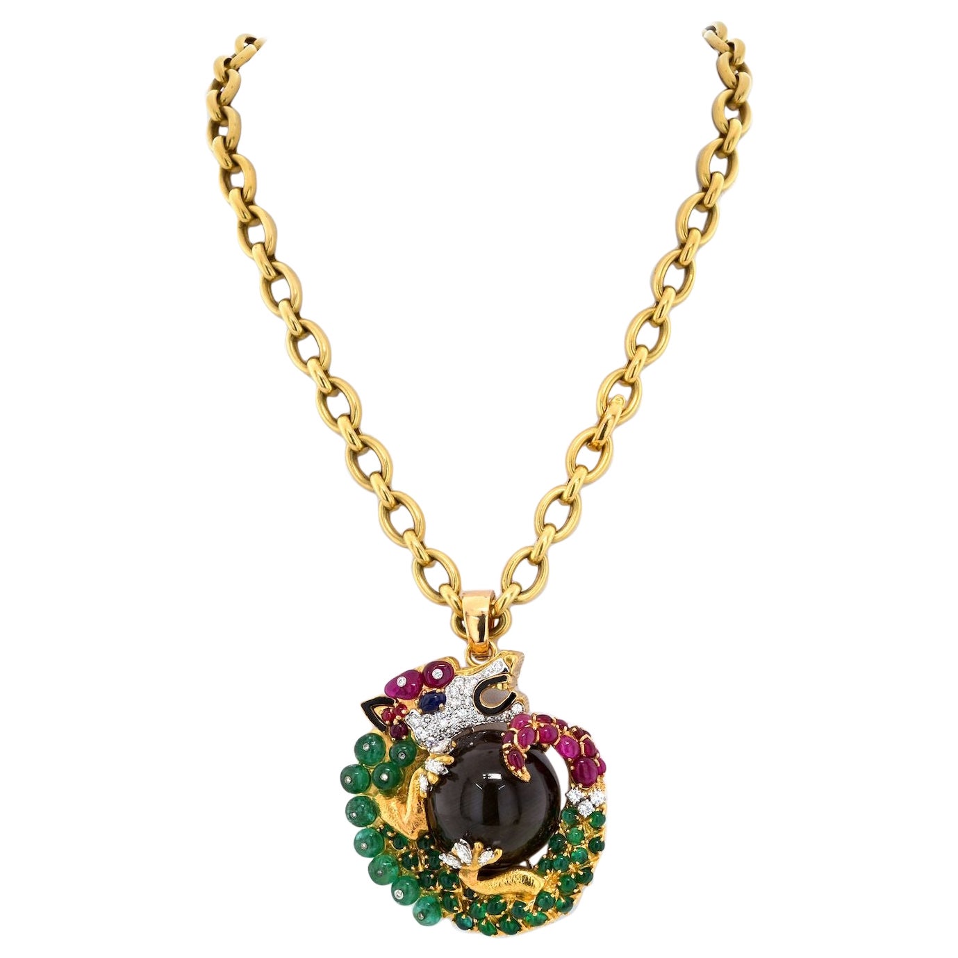 David Webb 18K Yellow Gold Dragon Cat's Eye Pendant Necklace