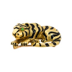 David Webb 18k Yellow Gold Emerald Enamel Tiger Pin