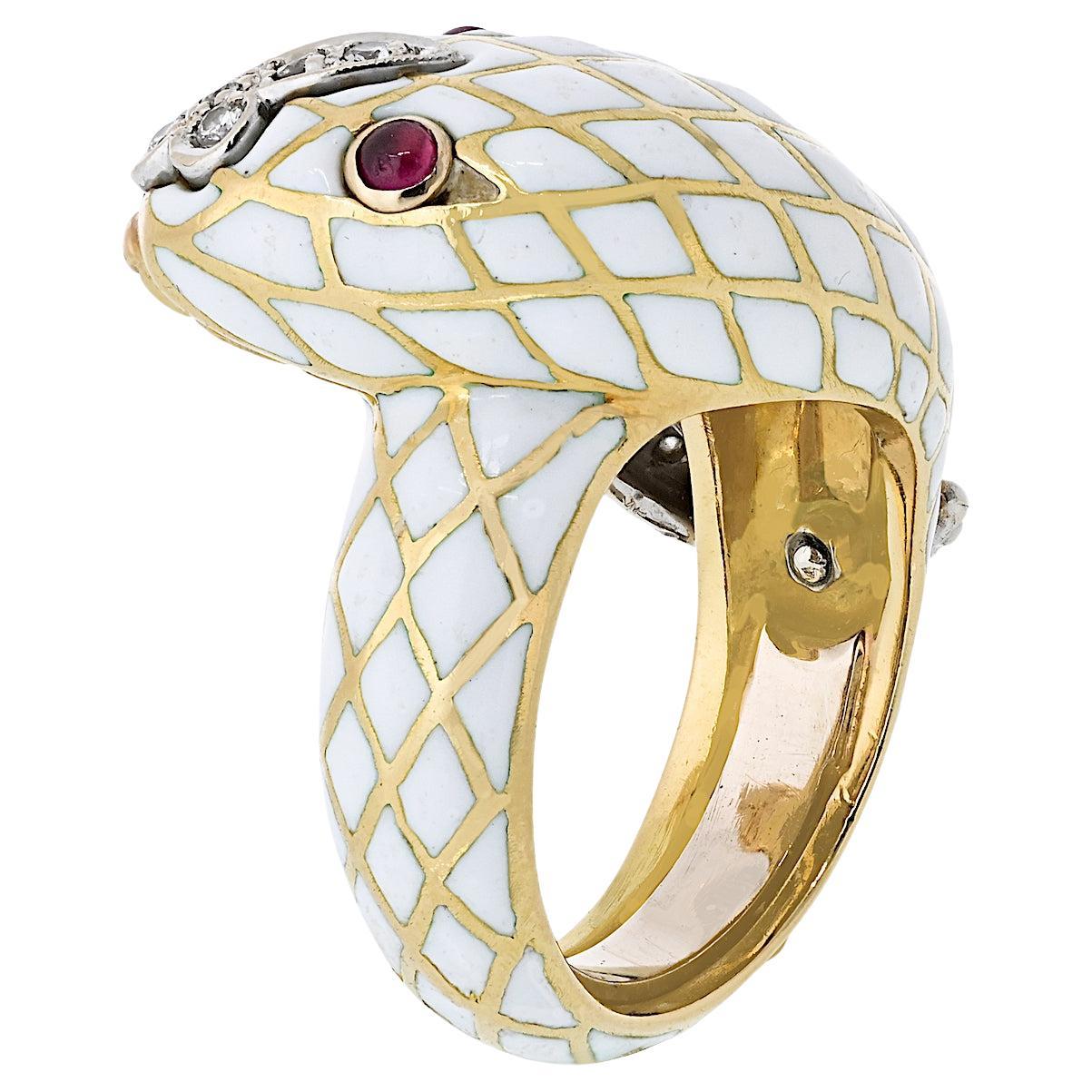 David Webb, bague serpent en or jaune 18 carats, émaillée et diamantée