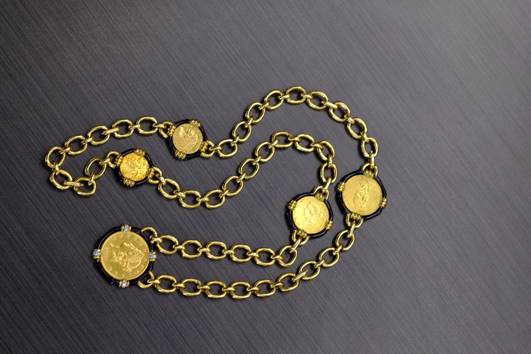 David Webb 18K Yellow Gold  Five Coin Link Chain Necklace For Sale 5