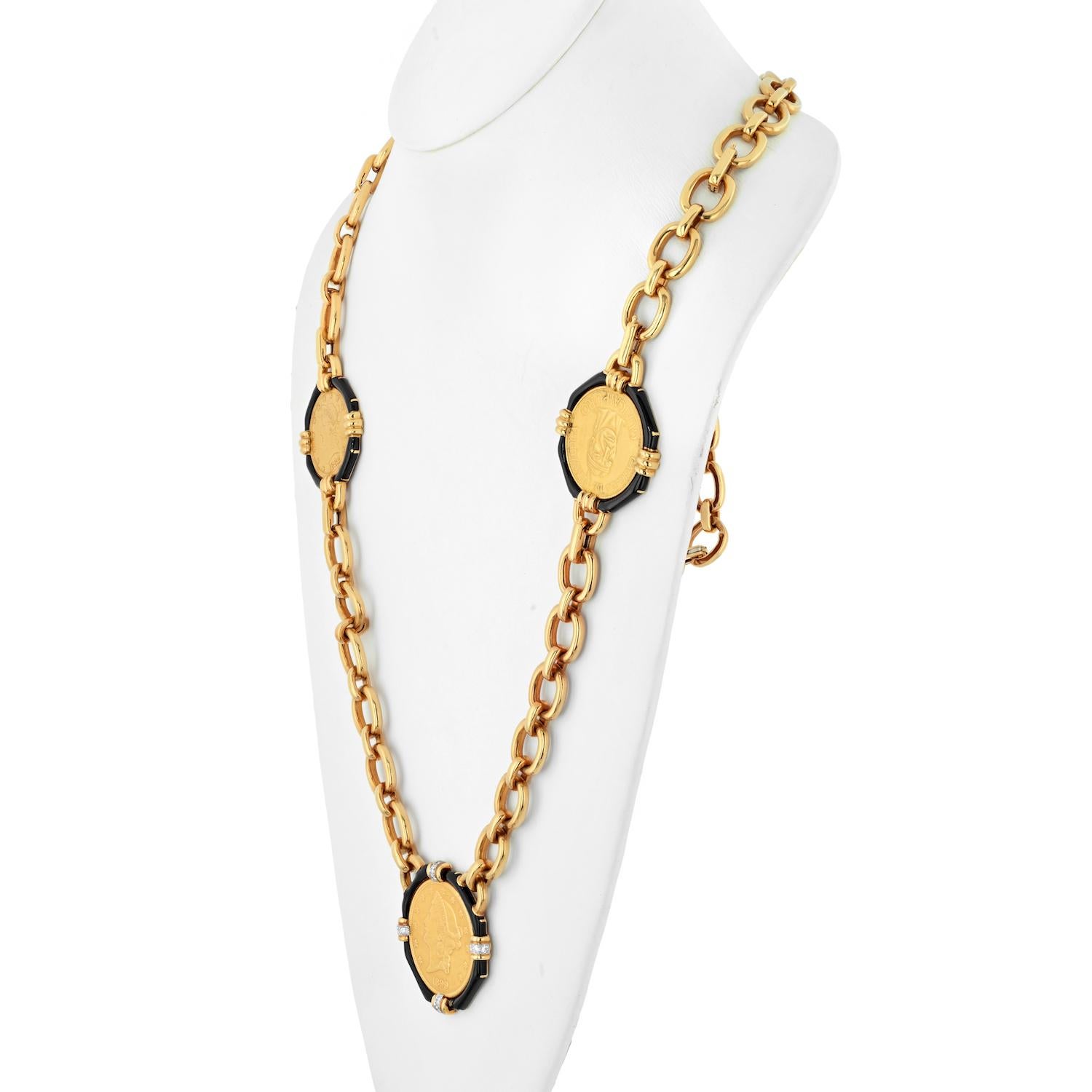 Modern David Webb 18K Yellow Gold  Five Coin Link Chain Necklace For Sale
