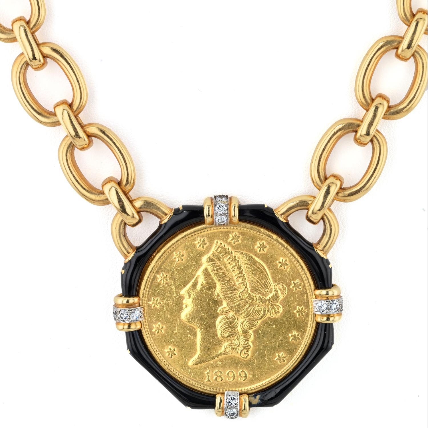 David Webb 18K Yellow Gold  Five Coin Link Chain Necklace In Excellent Condition For Sale In New York, NY