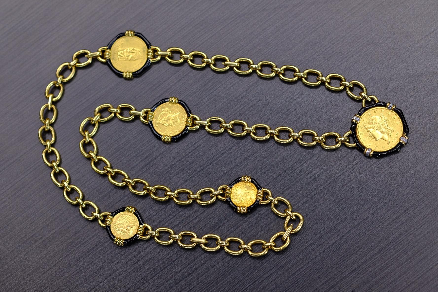 David Webb 18K Gelbgold  Fünf Münzen A Link Kette Halskette im Angebot 2