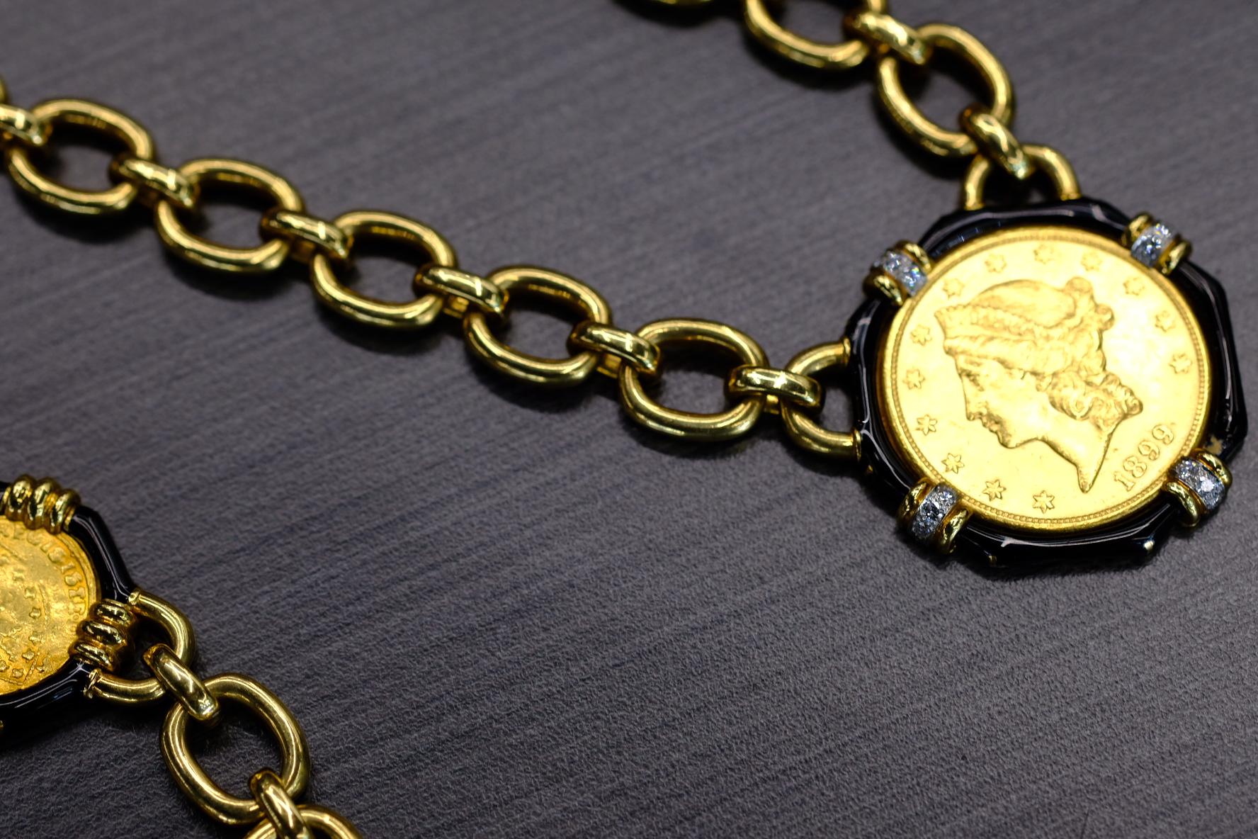 David Webb 18K Yellow Gold  Five Coin Link Chain Necklace For Sale 3