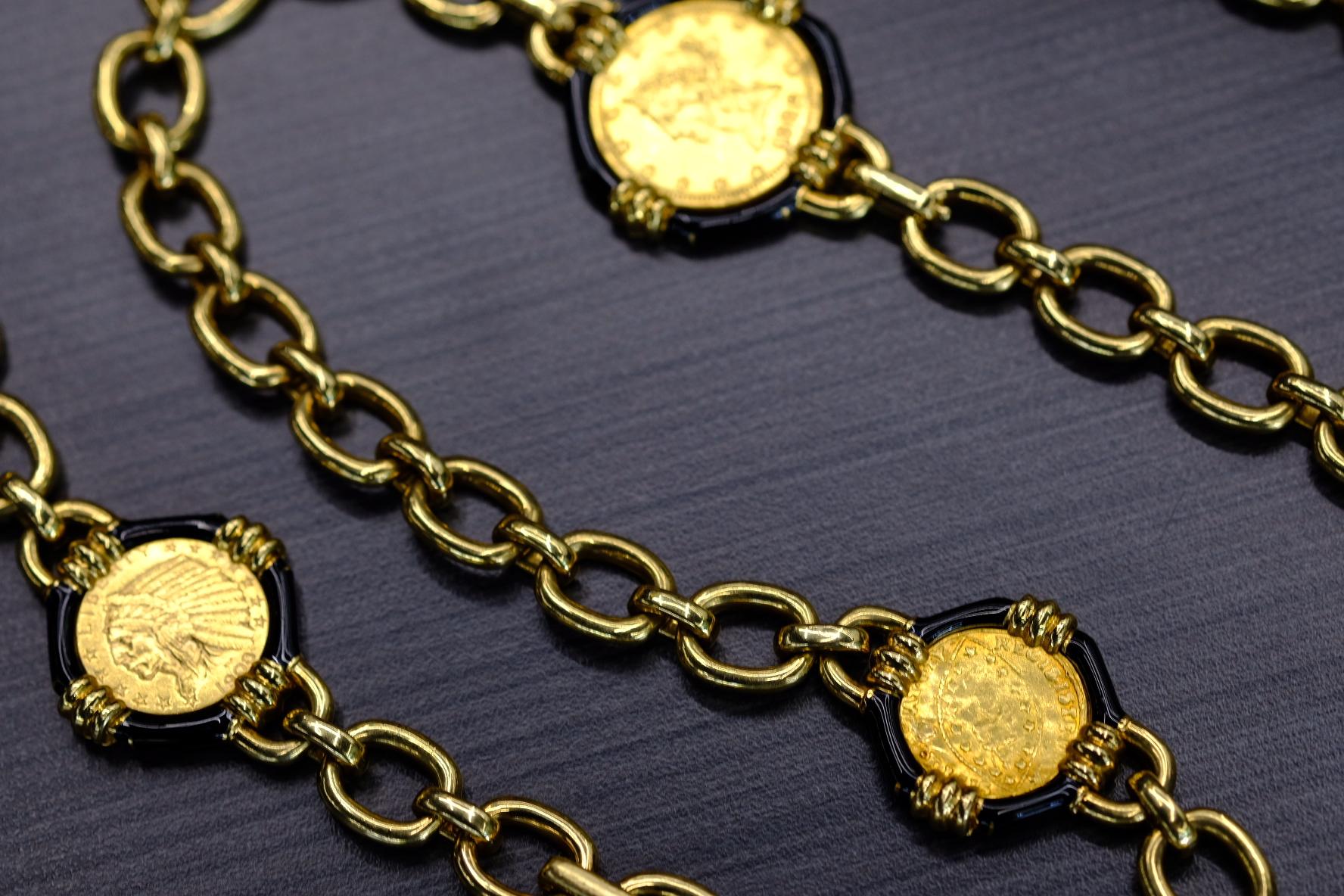 David Webb 18K Yellow Gold  Five Coin Link Chain Necklace For Sale 4