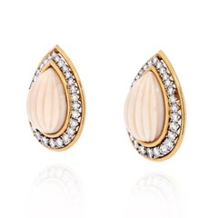 David Webb 18K Yellow Gold Fluted Coral Diamond Pear Drop Clip Earrings