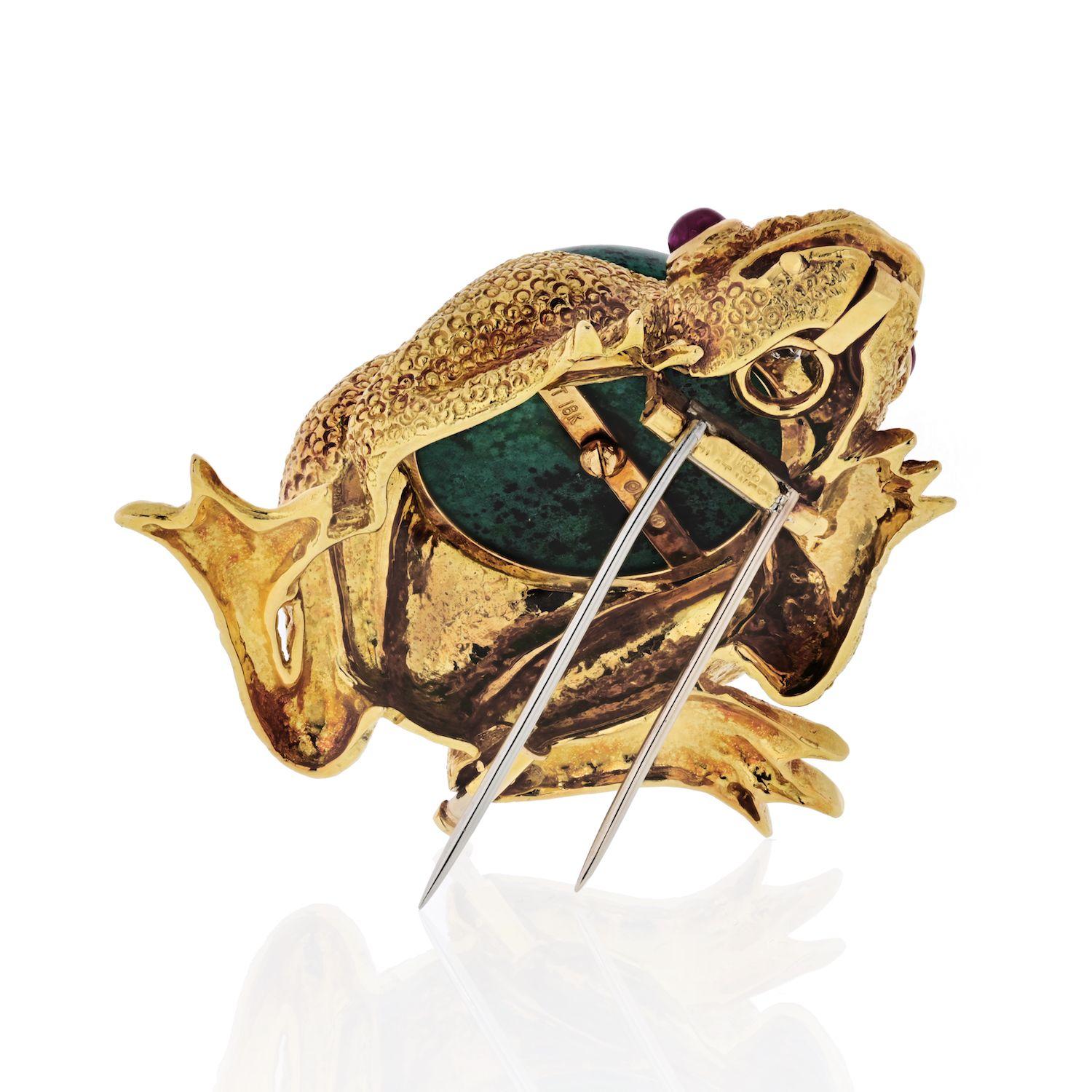 Modern David Webb 18K Yellow Gold Frog with Azurite-Malachite, Diamonds, Ruby Brooch For Sale