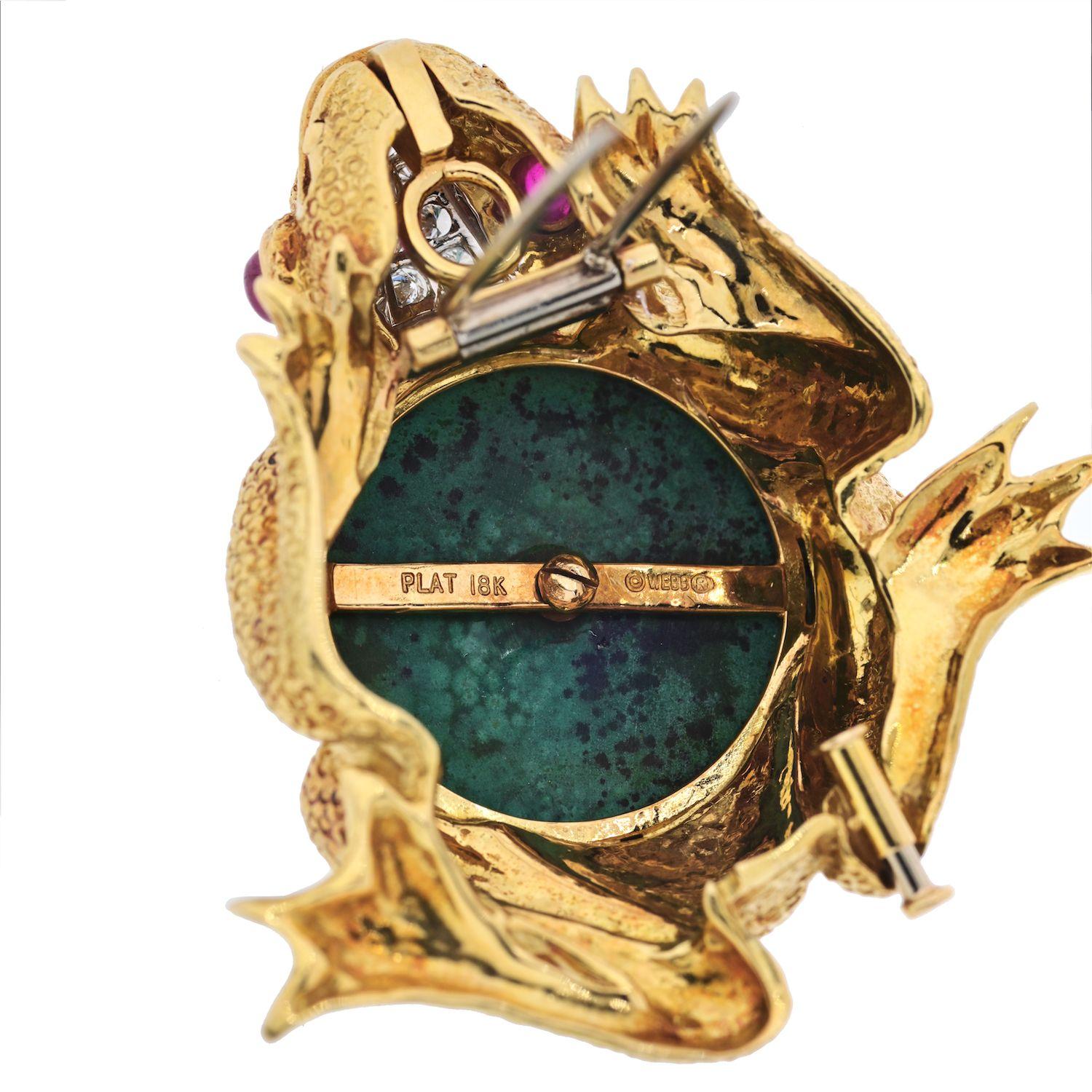 Cabochon David Webb 18K Yellow Gold Frog with Azurite-Malachite, Diamonds, Ruby Brooch For Sale