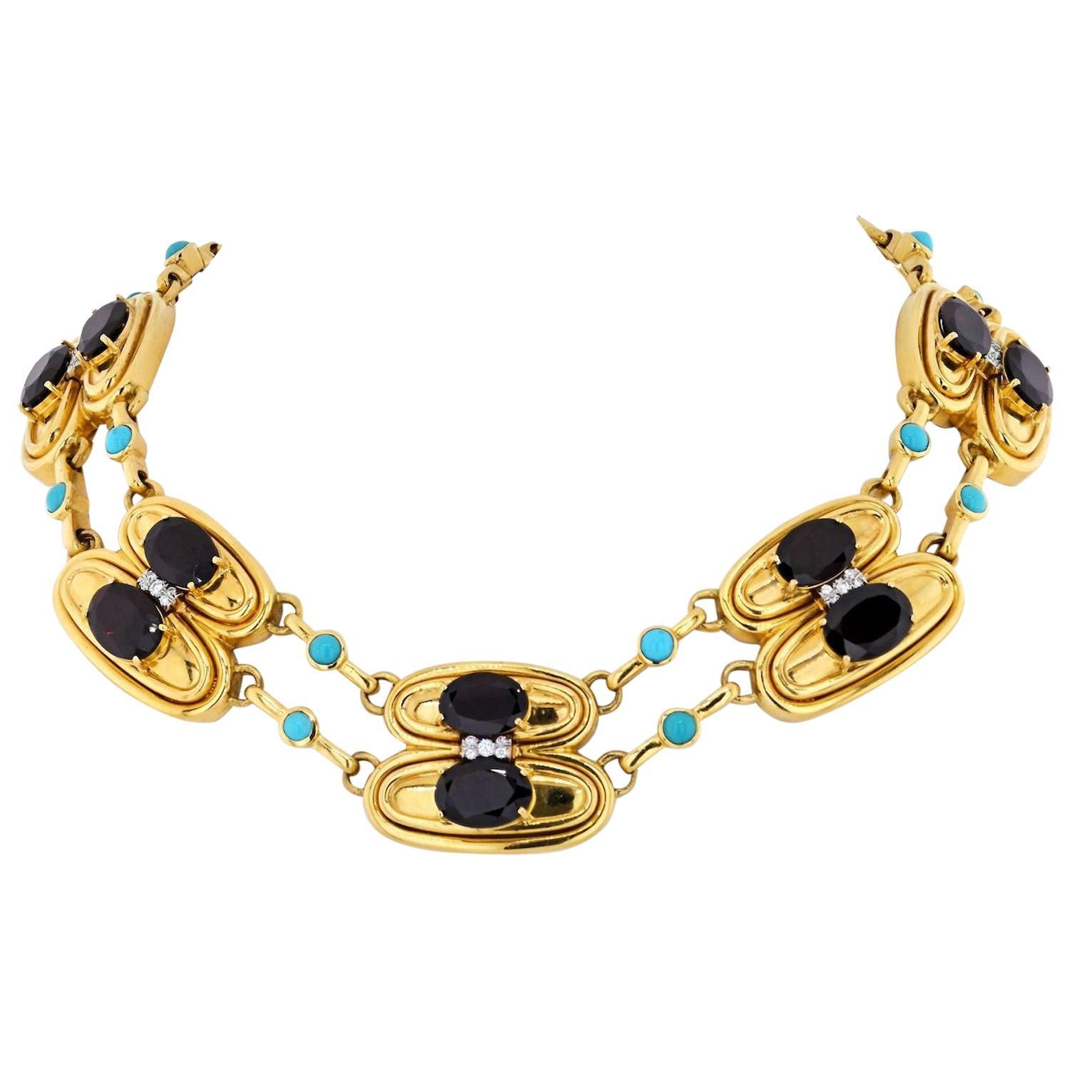 David Webb Collana con granato, turchese e diamanti in oro giallo 18 carati