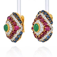 David Webb 18K Yellow Gold Gemstone Red, Green and Blue Diamond Earrings