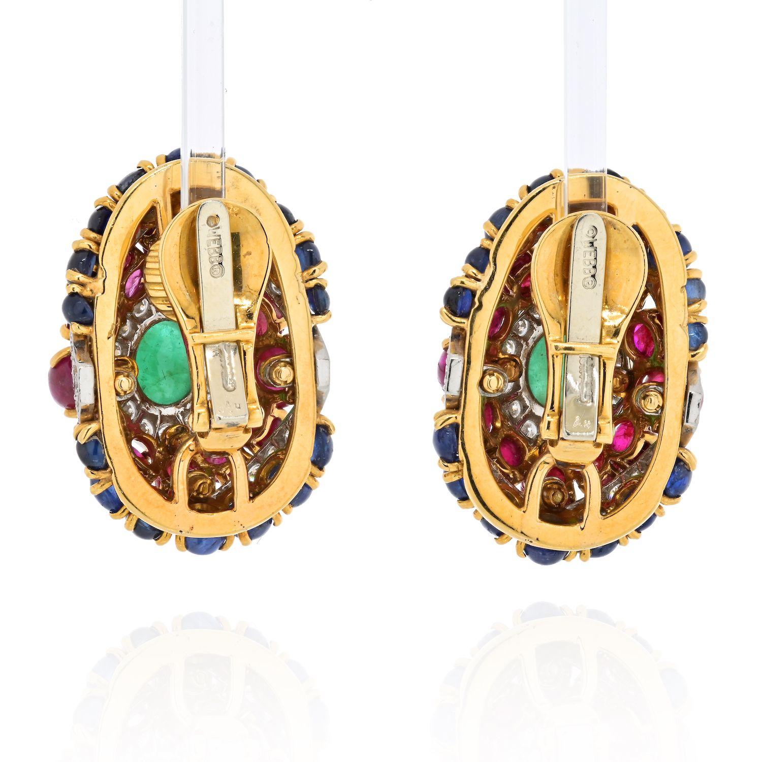 Moderne Boucles d'oreilles David Webb en or jaune 18 carats avec diamants rouges, verts et bleus en vente