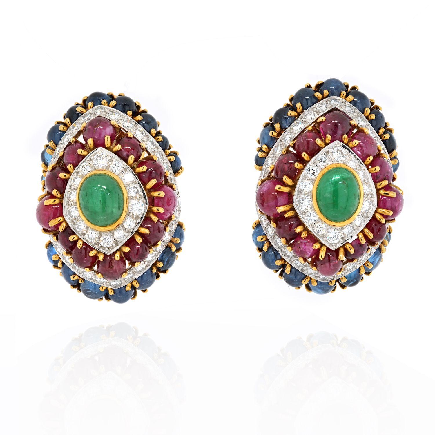 Round Cut David Webb 18K Yellow Gold Gemstone Red, Green and Blue Diamond Earrings For Sale