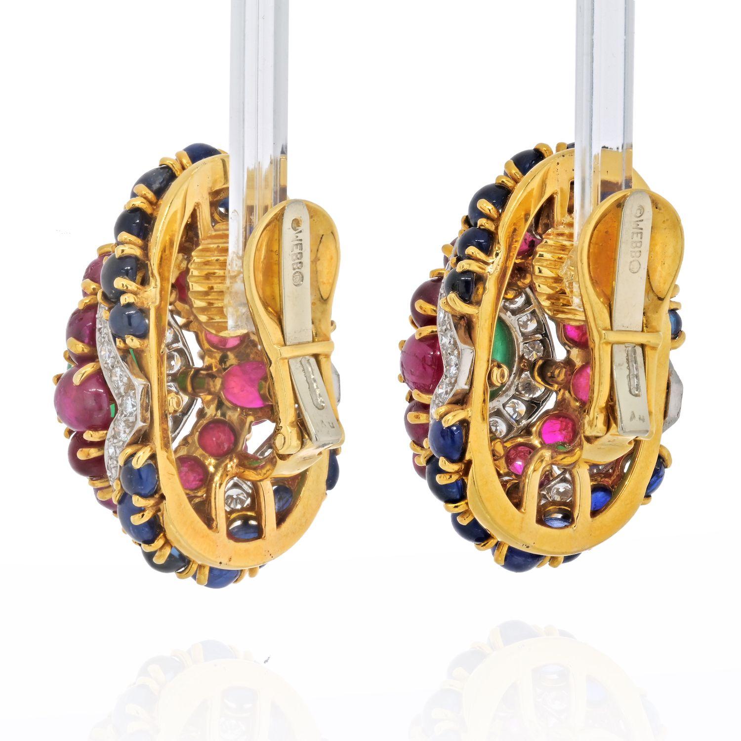 David Webb 18K Yellow Gold Gemstone Red, Green and Blue Diamond Earrings In Excellent Condition For Sale In New York, NY