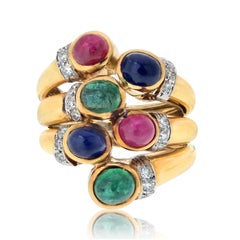 David Webb 18K Yellow Gold Geometric Sapphire, Diamond And Ruby Estate Ring