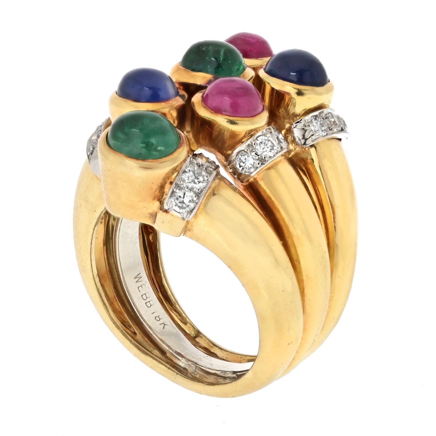 Oval Cut David Webb 18K Yellow Gold Geometric Sapphire, Diamond And Ruby Estate Ring For Sale