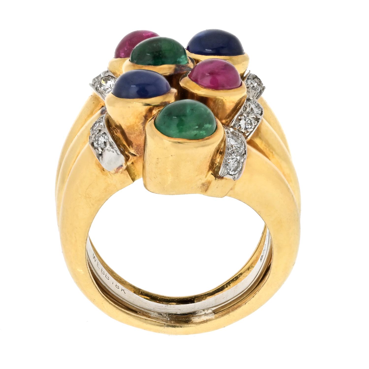 David Webb 18K Yellow Gold Geometric Sapphire, Diamond And Ruby Estate Ring In Excellent Condition For Sale In New York, NY