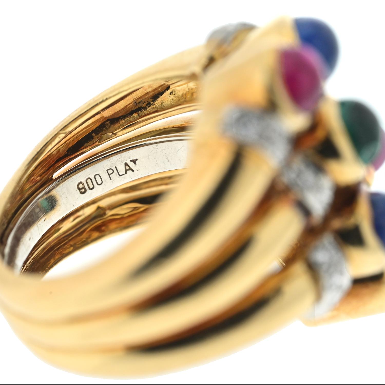 Women's David Webb 18K Yellow Gold Geometric Sapphire, Diamond And Ruby Estate Ring For Sale