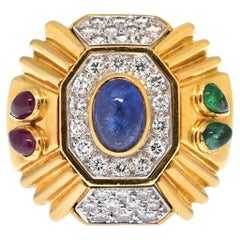 David Webb 18K Yellow Gold Geometric Sapphire, Diamond And Ruby Estate Ring