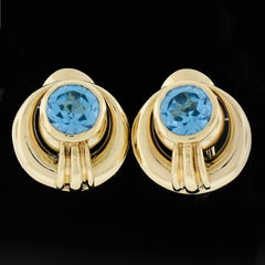 David Webb 18k Yellow Gold Gia Lab Grown Round Blue Spinel Omega Earrings