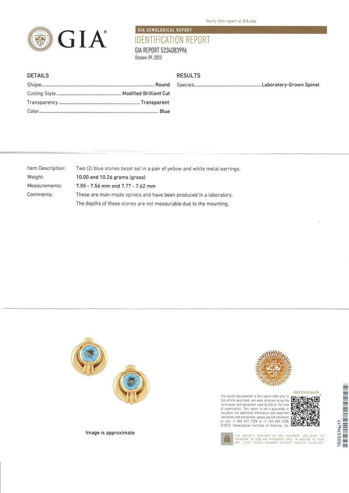 David Webb 18k Yellow Gold Gia Lab Grown Round Blue Spinel Omega Earrings For Sale 3
