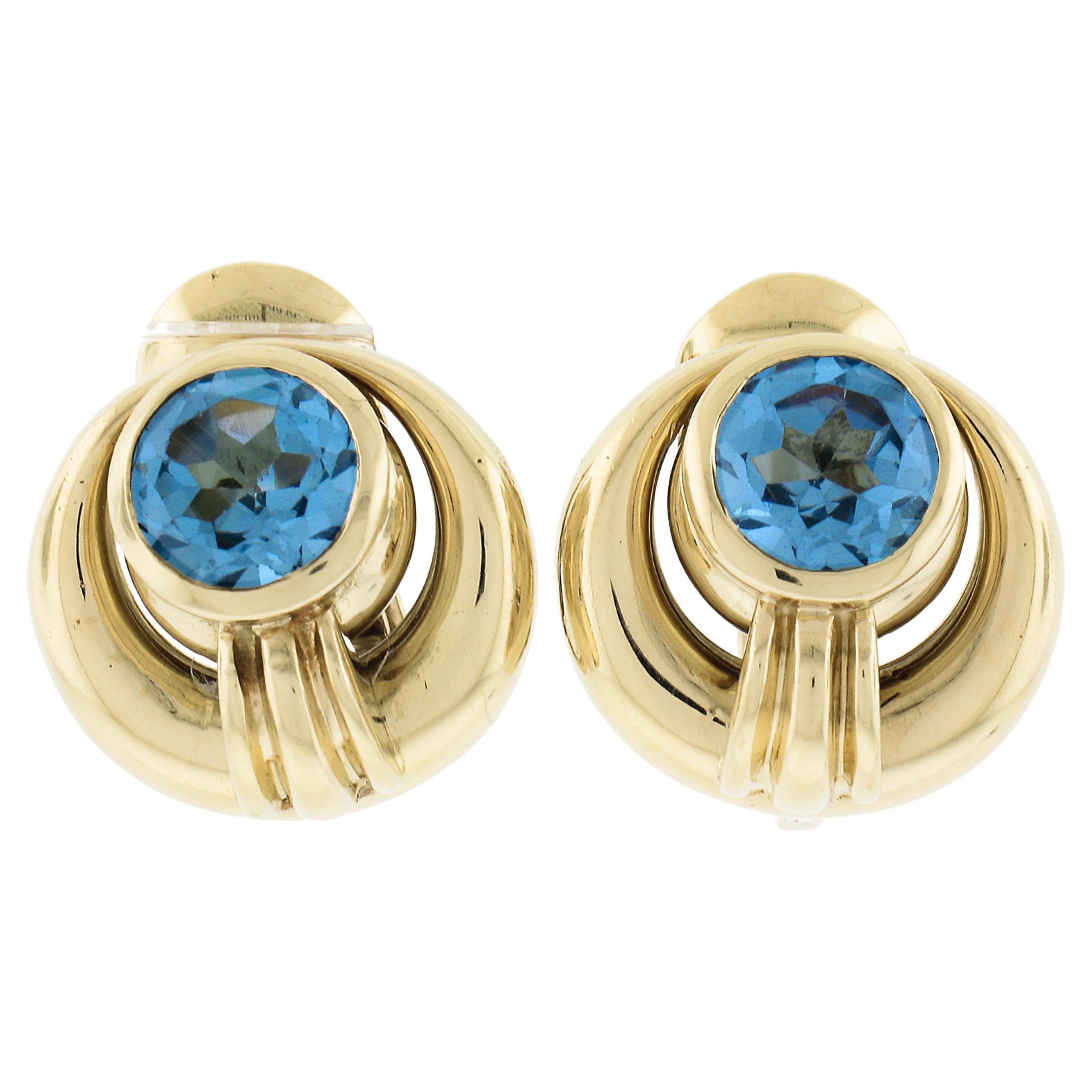David Webb 18k Yellow Gold Gia Lab Grown Round Blue Spinel Omega Earrings For Sale
