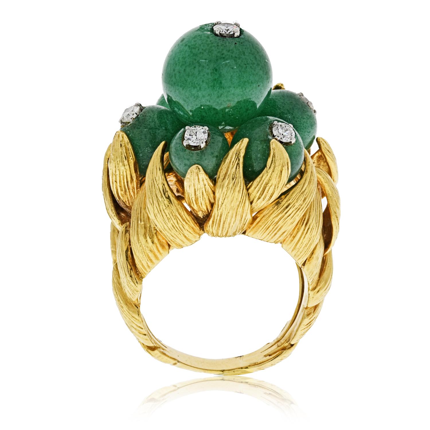 David Webb Circa 1970 18k yellow gold ring with six balls of chrysoprase with diamonds topping the center of each ball in a stylized leaf mounting. Ring size 8.5. This ring currently measures approximately 0.90 inches in depth (when measured on the