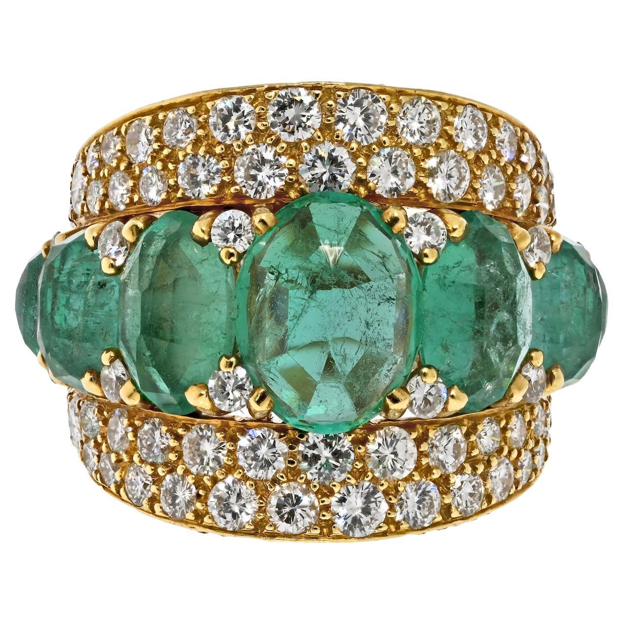 David Webb 18K Yellow Gold Green Emerald And Diamond Cocktail Ring
