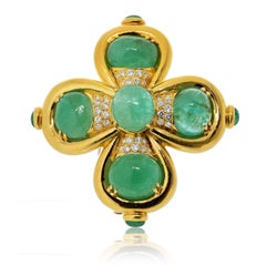 David Webb 18K Yellow Gold Green Emerald And Diamond Heraldic Inspired Brooch