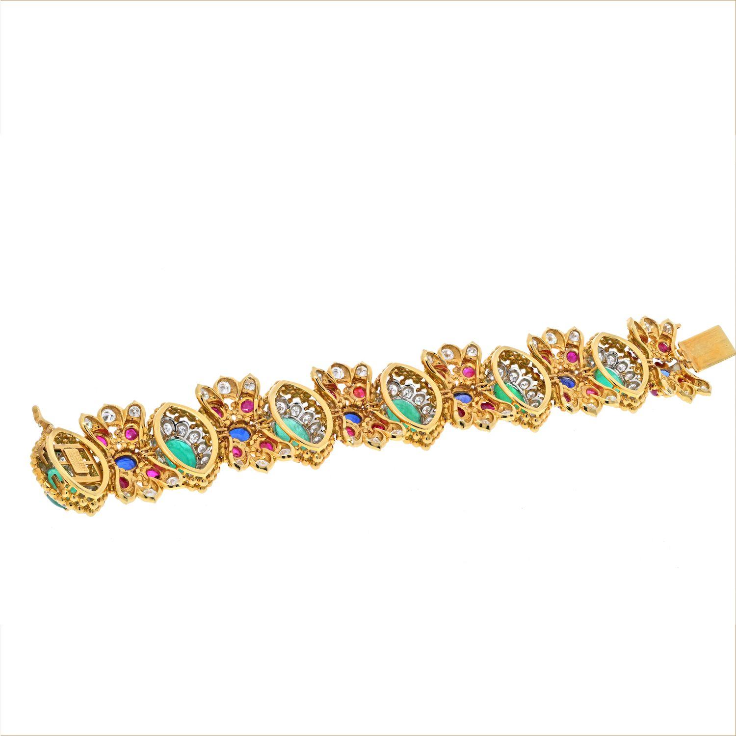 Modern David Webb 18K Yellow Gold Green Emerald Cabochon, Ruby and Diamond Bracelet For Sale