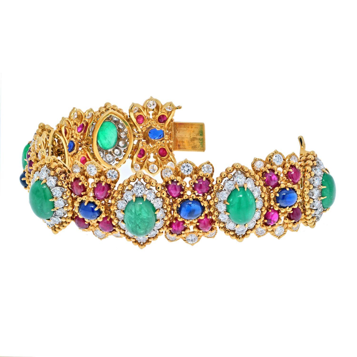 David Webb 18K Yellow Gold Green Emerald Cabochon, Ruby and Diamond Bracelet In Excellent Condition For Sale In New York, NY