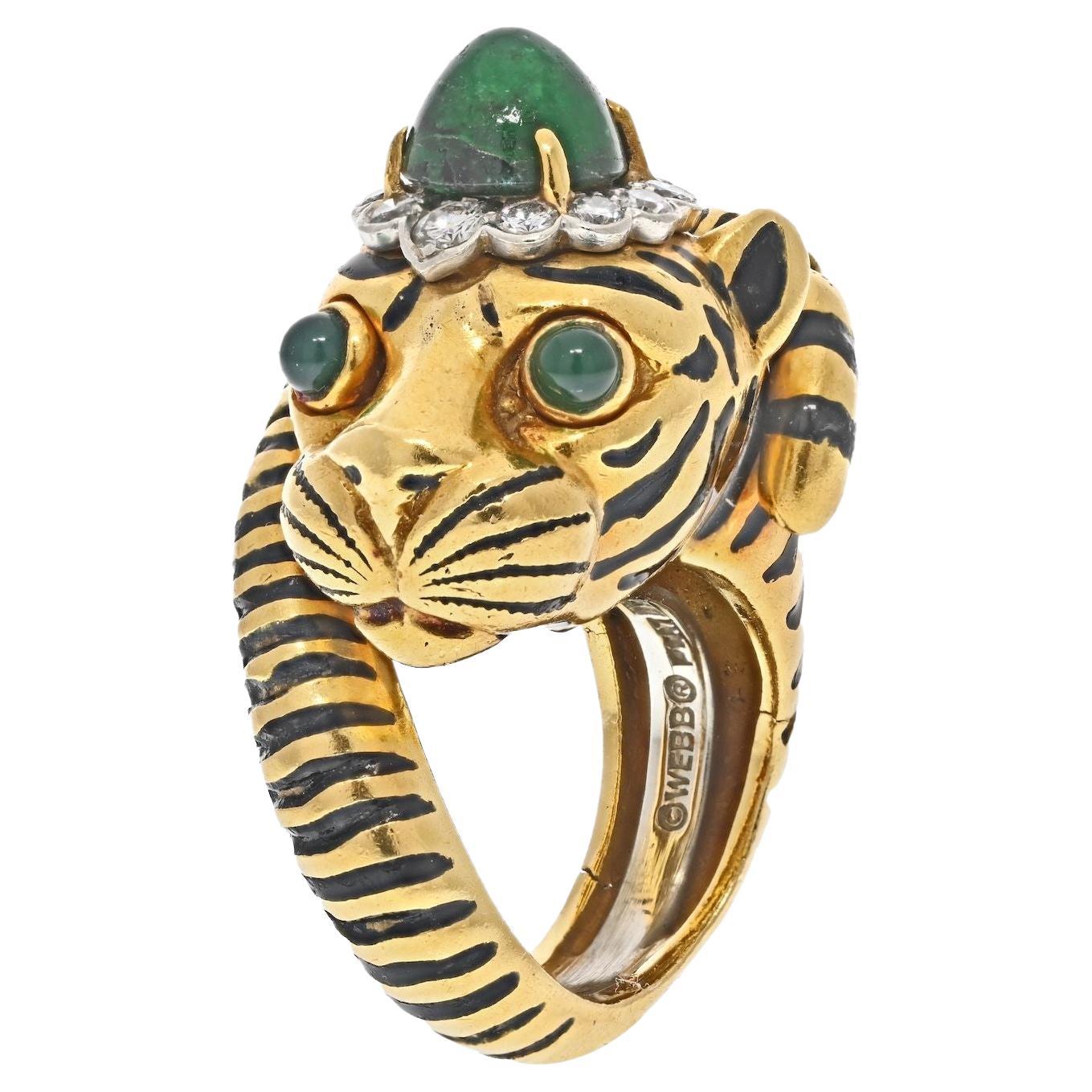 David Webb Bague tigre en or jaune 18 carats et émeraude verte