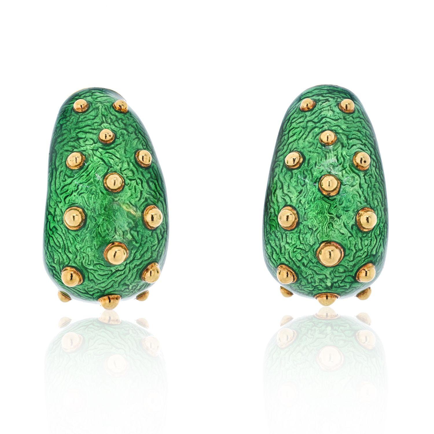 Women's David Webb 18K Yellow Gold Green Enamel Gold Beads Bombe Clip Earrings