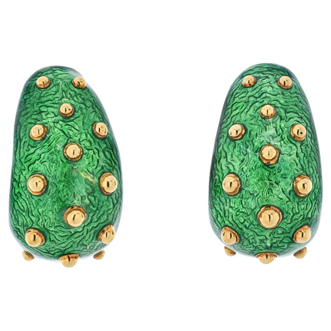 David Webb 18K Yellow Gold Green Enamel Gold Beads Bombe Clip Earrings