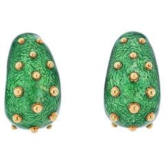 David Webb 18K Yellow Gold Green Enamel Gold Beads Bombe Clip Earrings