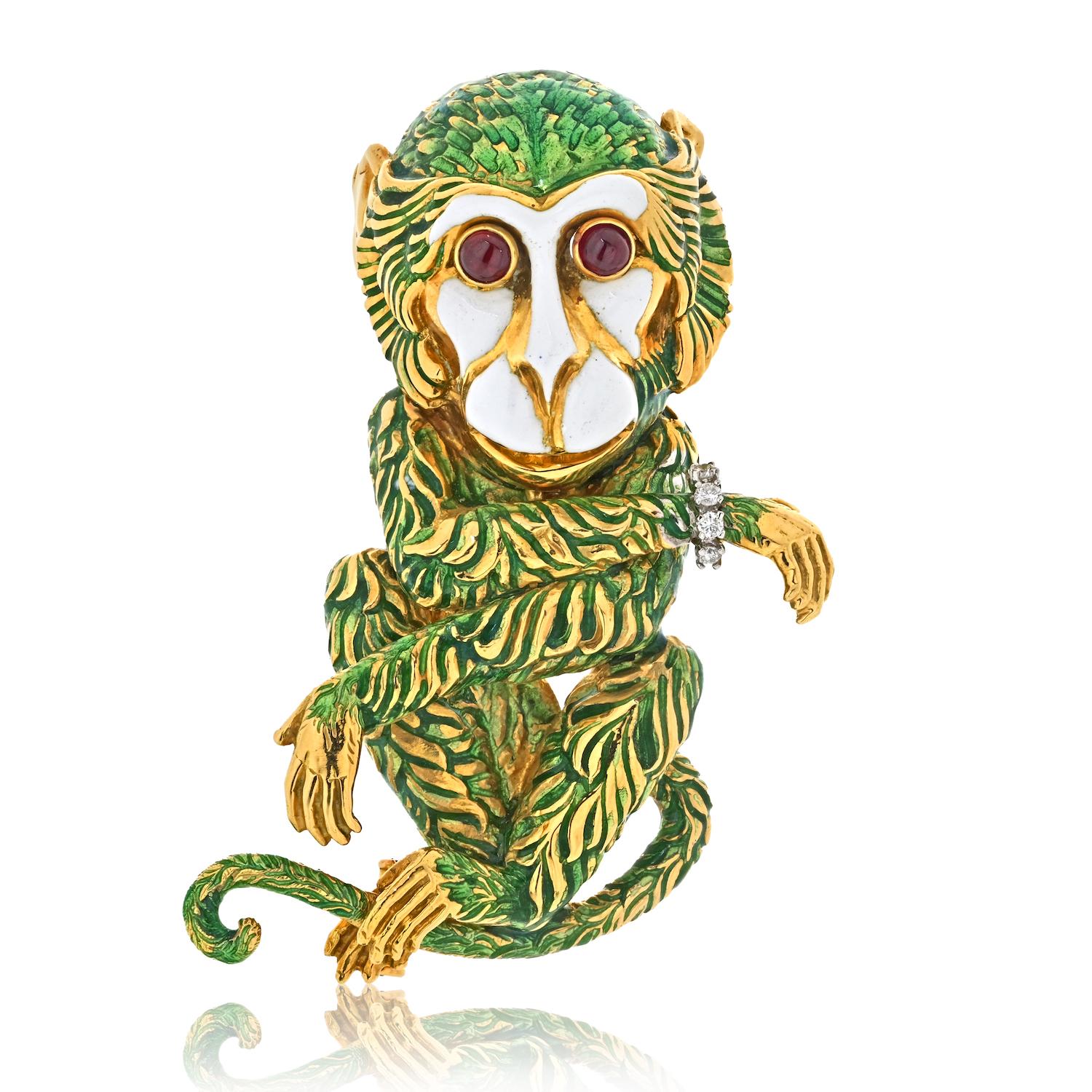 Since 1948, David Webb has carried forward a rich tradition of design, craftsmanship and creativity as an ICONIC American jewelry house.

David Webb Monkey with ruby cabochon eyes wearing a diamond bracelet. 

Length 2.25inches.

Approx. 52 gr.

The