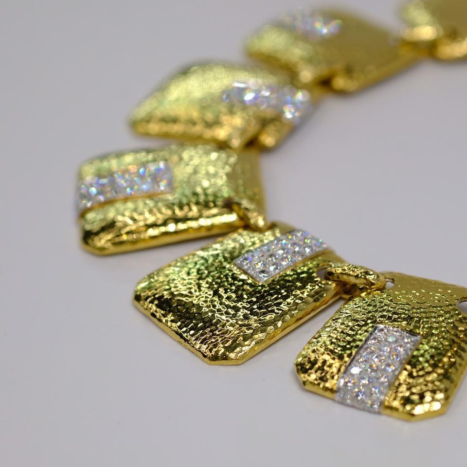 Modern David Webb 18 Karat Yellow Gold Hammered Finish Palette Diamond Bib Necklace