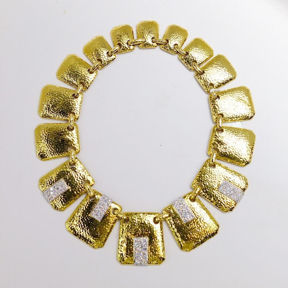 David Webb 18 Karat Yellow Gold Hammered Finish Palette Diamond Bib Necklace In Excellent Condition In New York, NY