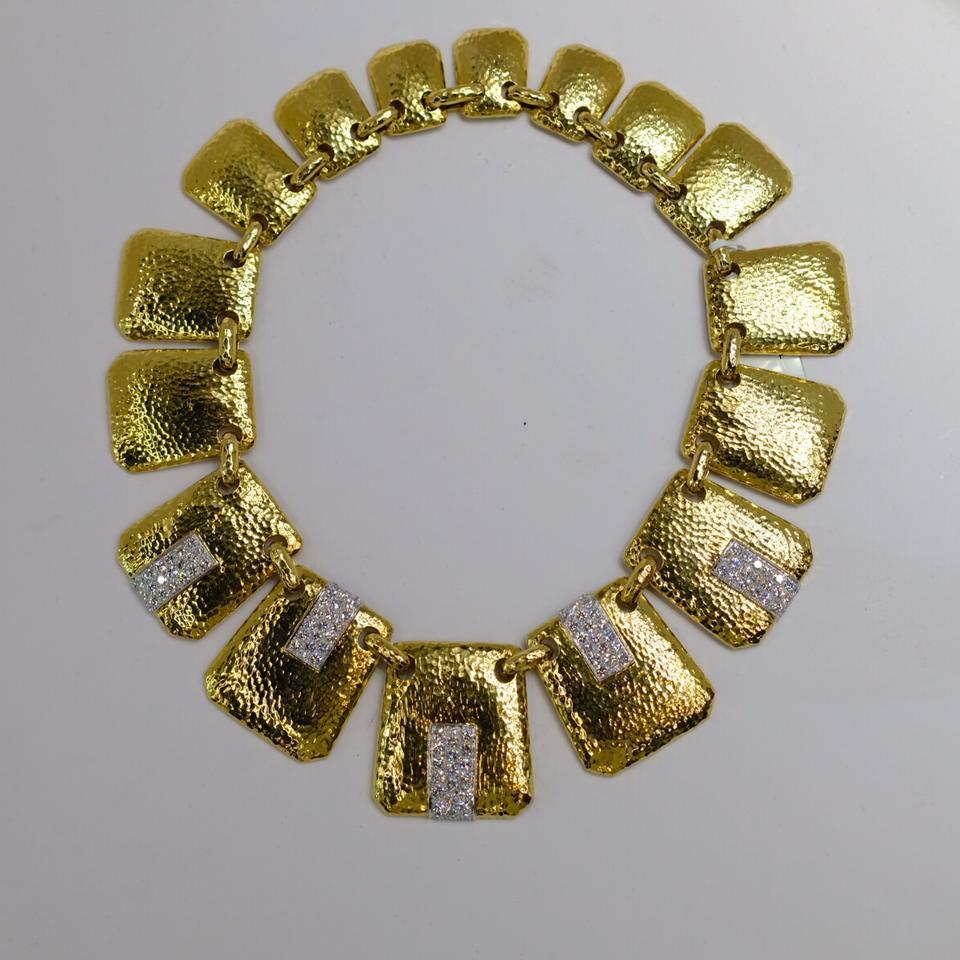 David Webb 18 Karat Yellow Gold Hammered Finish Palette Diamond Bib Necklace 1