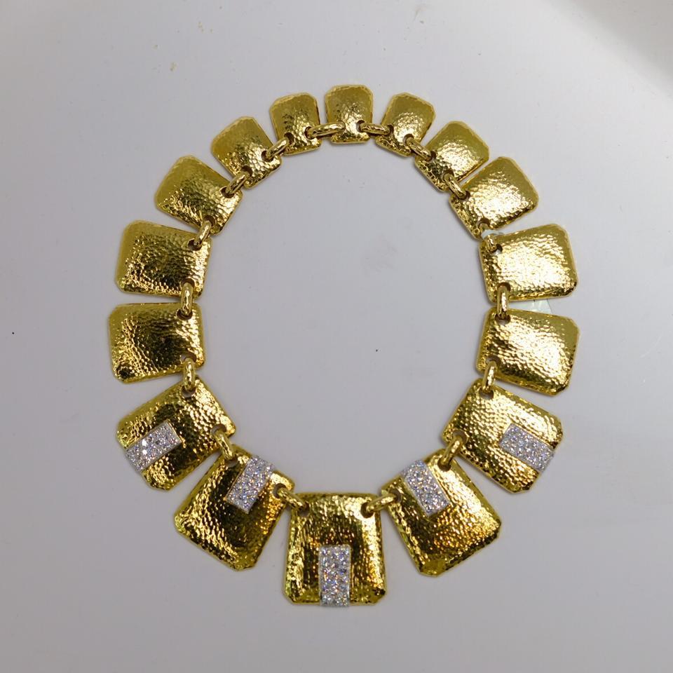 David Webb 18 Karat Yellow Gold Hammered Finish Palette Diamond Bib Necklace 2