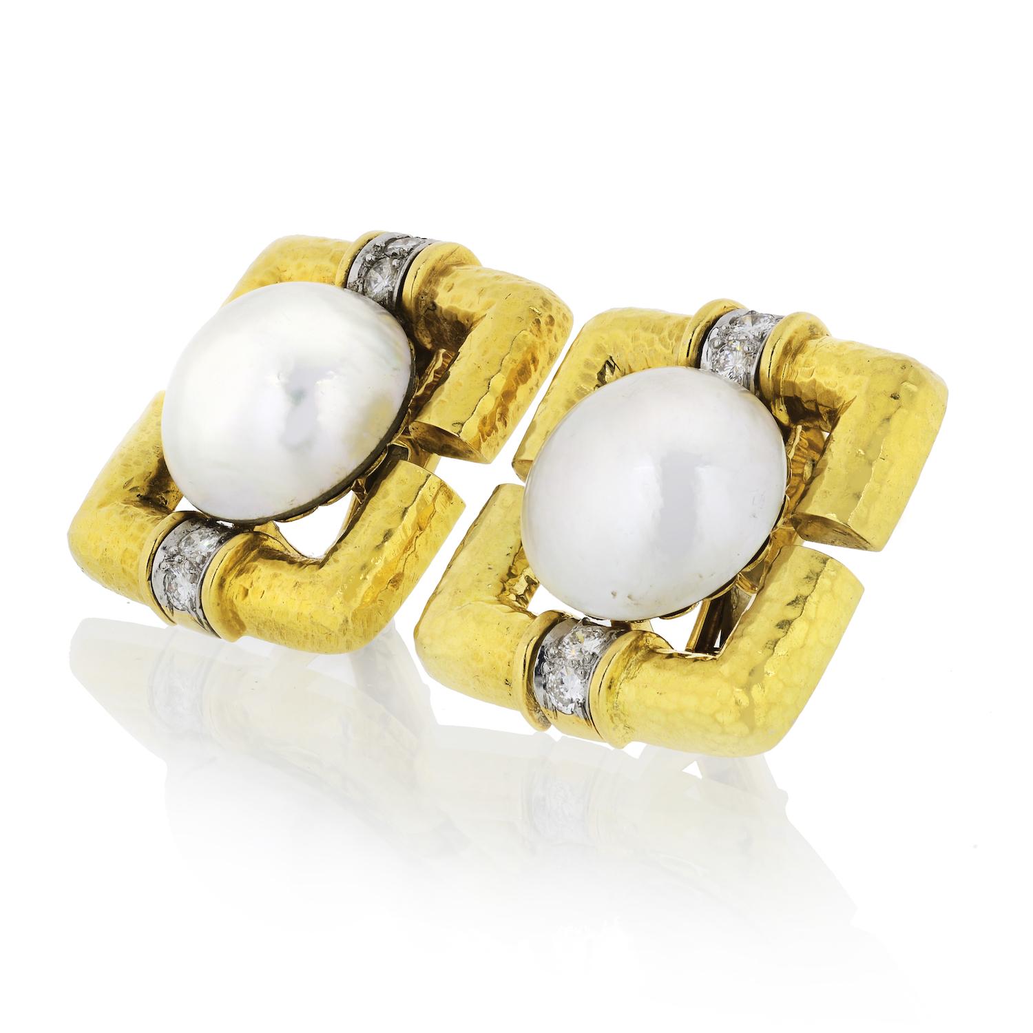 Modern David Webb 18 Karat Yellow Gold Hammered Finish, Pearl and Diamond Clip Earrings