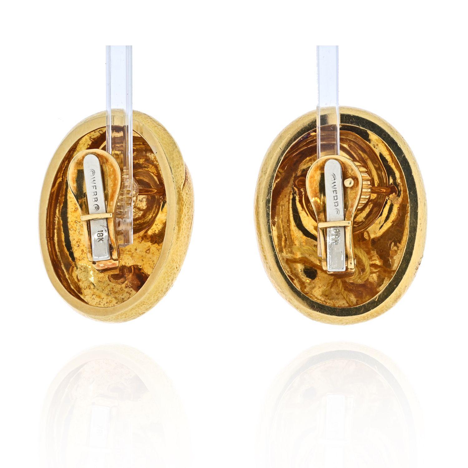 Pair of 18k yellow gold swirl design earrings by David Webb. Earrings are 33mm x 26mm. Marked: Webb, 18k. Weight - 31.2 grams. damage (crack) on gold in one of the earrings.